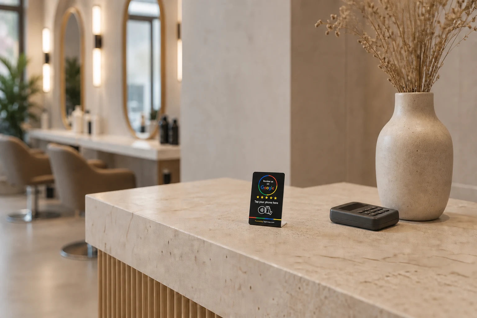 A true-scale TapinRevu stand beside a salon payment terminal